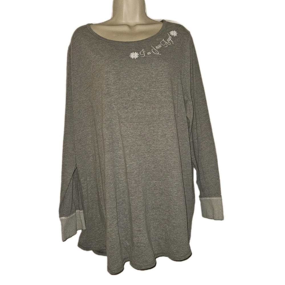 Cacique Womens Plus Size 22/24 Gray Long Sleeve Lounge Top‎ Shirt Festive